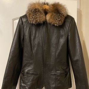 Brown leather jacket with real fur collar